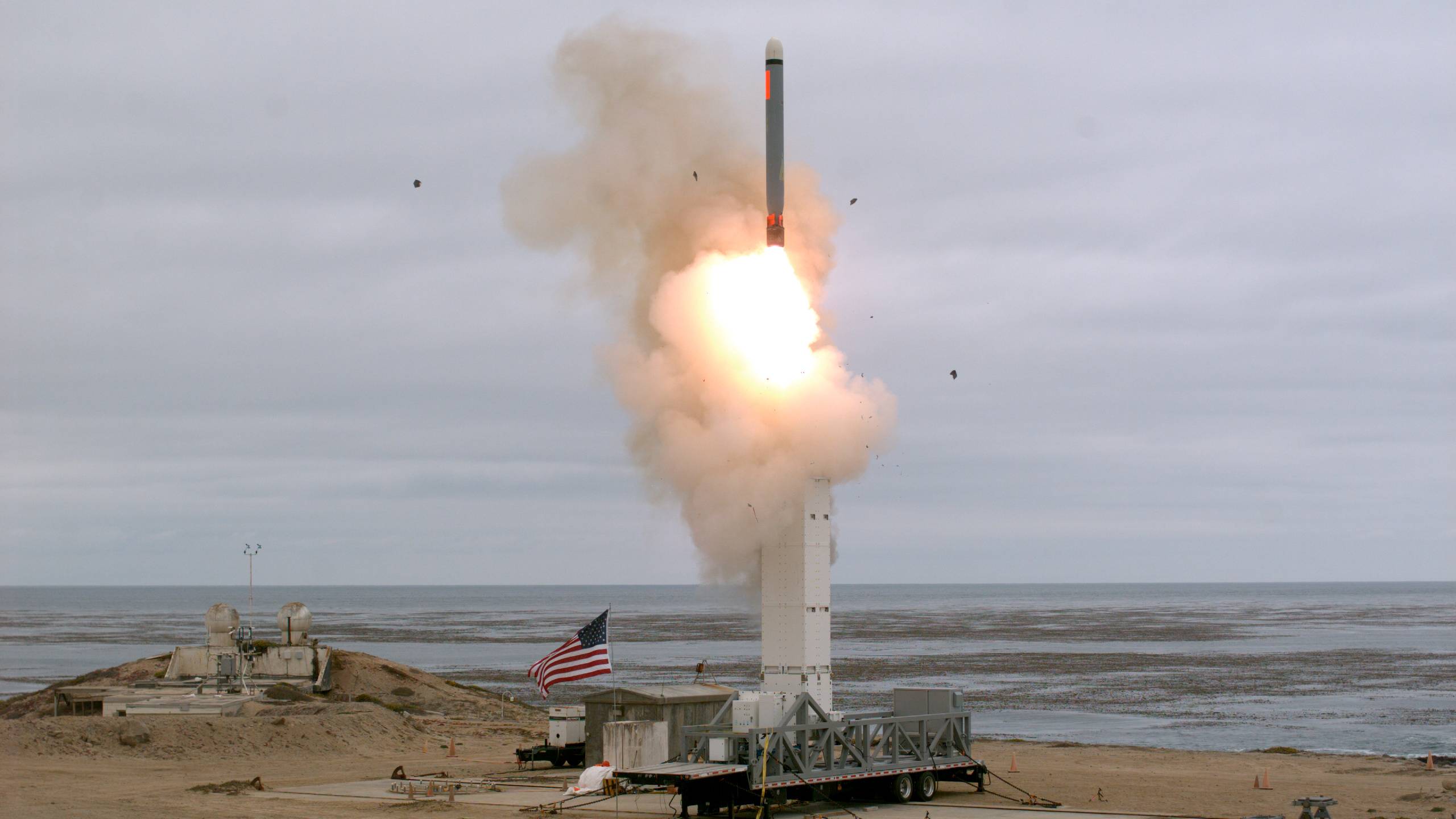The U.S. Defense Department conducts a flight test of a conventionally configured ground-launched cruise missile at San Nicolas Island, California, last August. | DOD / VIA REUTERS