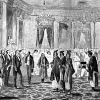 U.S. President James Buchanan welcomes the Japan Embassy in Washington on May 17, 1860. | ILLUSTRATED LONDON NEWS 
