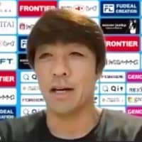 Yokohama FC manager Takahiro Shimotaira speaks during an online news conference on Thursday. | KYODO