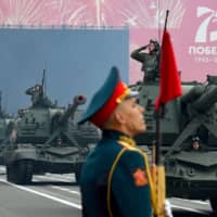 A rehearsal for the Victory Day parade takes place in St. Petersburg on Saturday. Russian President Vladimir Putin will preside the parade on Wednesday to mark the Soviet victory in World War II, which was postponed due to the pandemic.  | AFP-JIJI