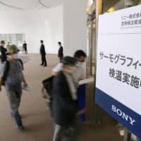 Shareholders of Sony Corp. enter the venue of their annual meeting held at a Tokyo hotel Friday, with a sign warning against coronavirus infection put up at the entrance.   | KYODO