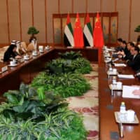 United Arab Emirates Vice President and Prime Minister Sheikh Mohammed bin Rashid Al Maktoum attend a meeting with Chinese Premier Li Keqiang at the Diaoyutai State Guesthouse in Beijing on April 25, 2019.  | REUTERS
