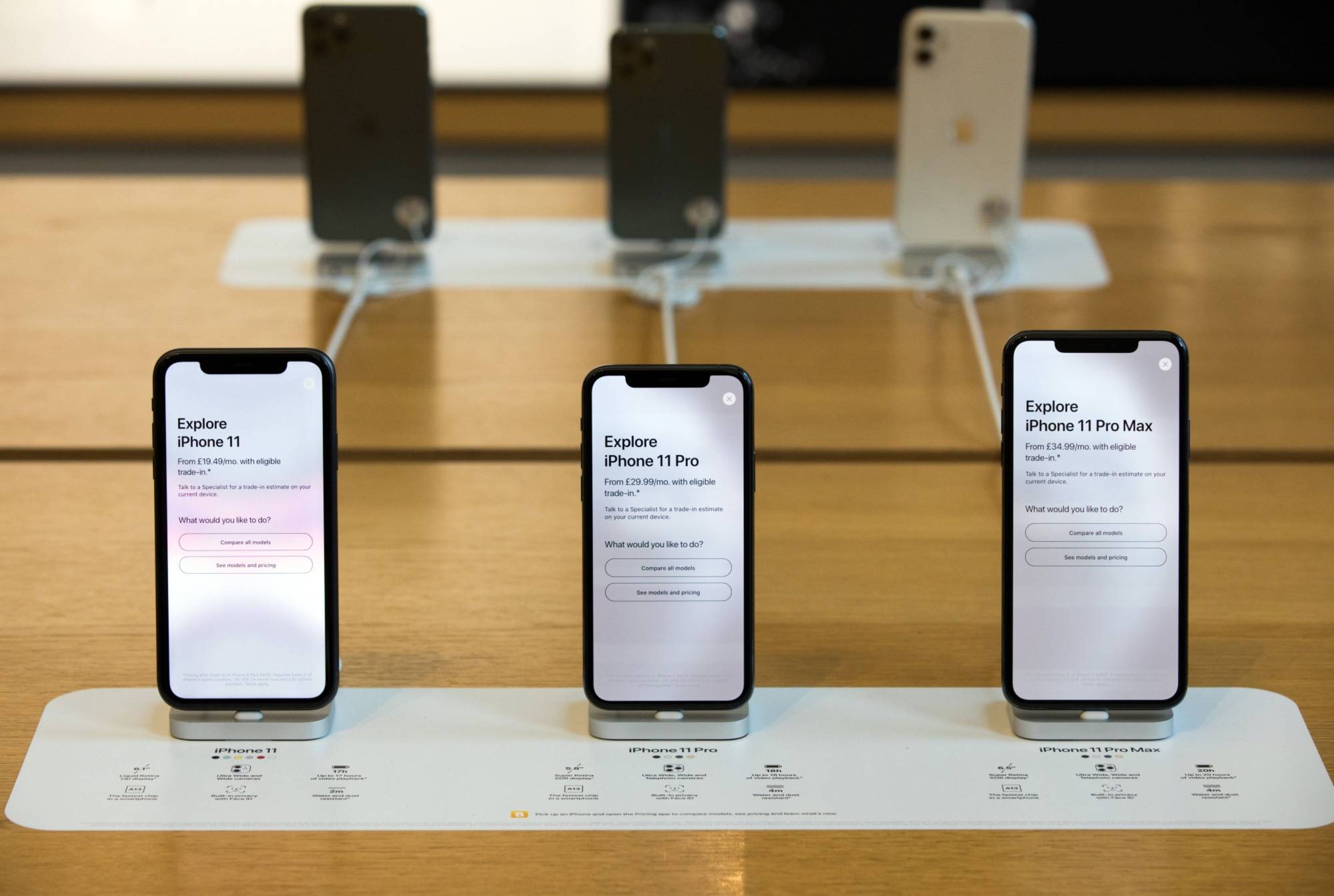 Apple Inc. iPhone 11 smartphones stand on display inside the Regent Street Apple store during a product launch event in London in September 2019. | BLOOMBERG