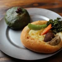 New options: Vegan vegetable gratin bread and yomogi (Japanese mugwort) bean bread from Universal Bakes and Cafe | CHIARA TERZUOLO
