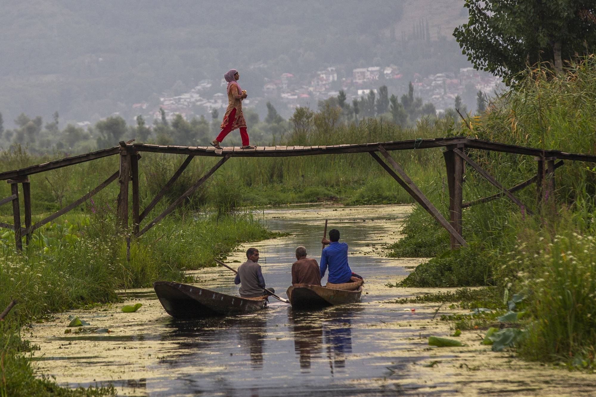 A Kashmiri woman walks back home after buying bread as men row their boat after selling their vegetables at the floating vegetable market on the Dal Lake in Srinagar, India. | AP