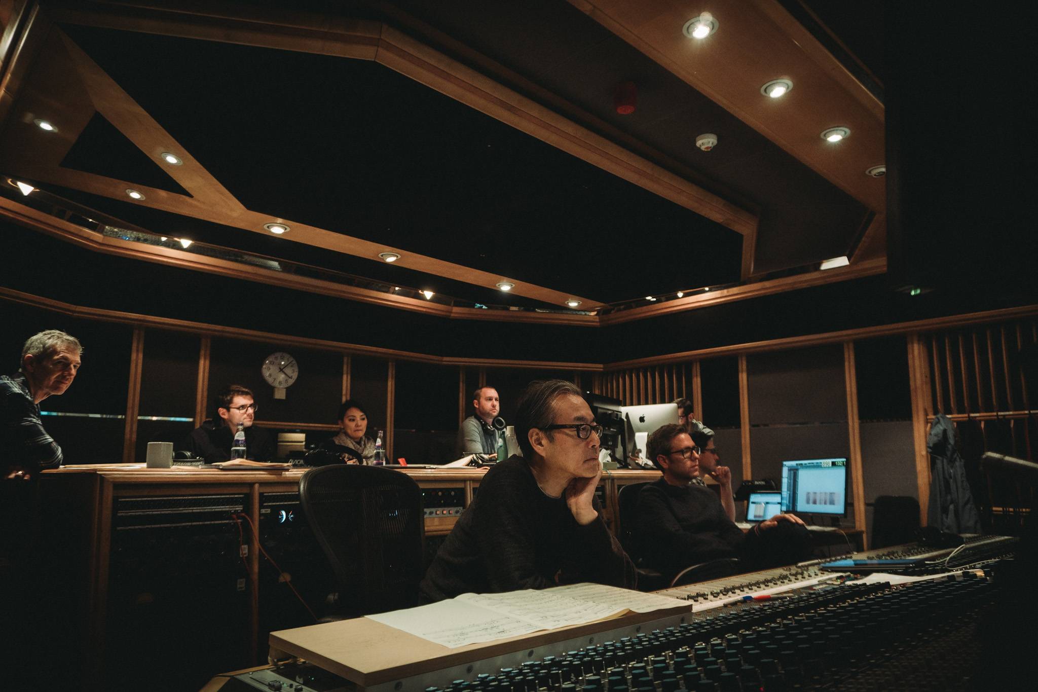 Making music: Producer Peter Scaturro (far left), co-composer Shigeru Umebayashi (center) other members of the scoring team at Air Studios in London. | 