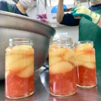 Setouchi Jam’s Garden staff bottles peach, grapefruit and raspberry jam at the jam maker’s factory. | SETOUCHI JAM’S GARDEN