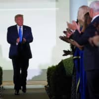 U.S. President Donald Trump arrives to listen to first lady Melania Trump deliver her live address to the largely virtual 2020 Republican National Convention from the Rose Garden of the White House in Washington on Tuesday. | REUTERS