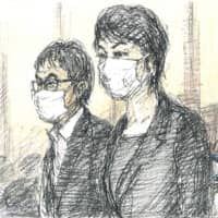 A court illustration shows Katsuyuki Kawai (left) and his wife Anri attending a trial at the Tokyo District Court Tuesday. | KYODO
