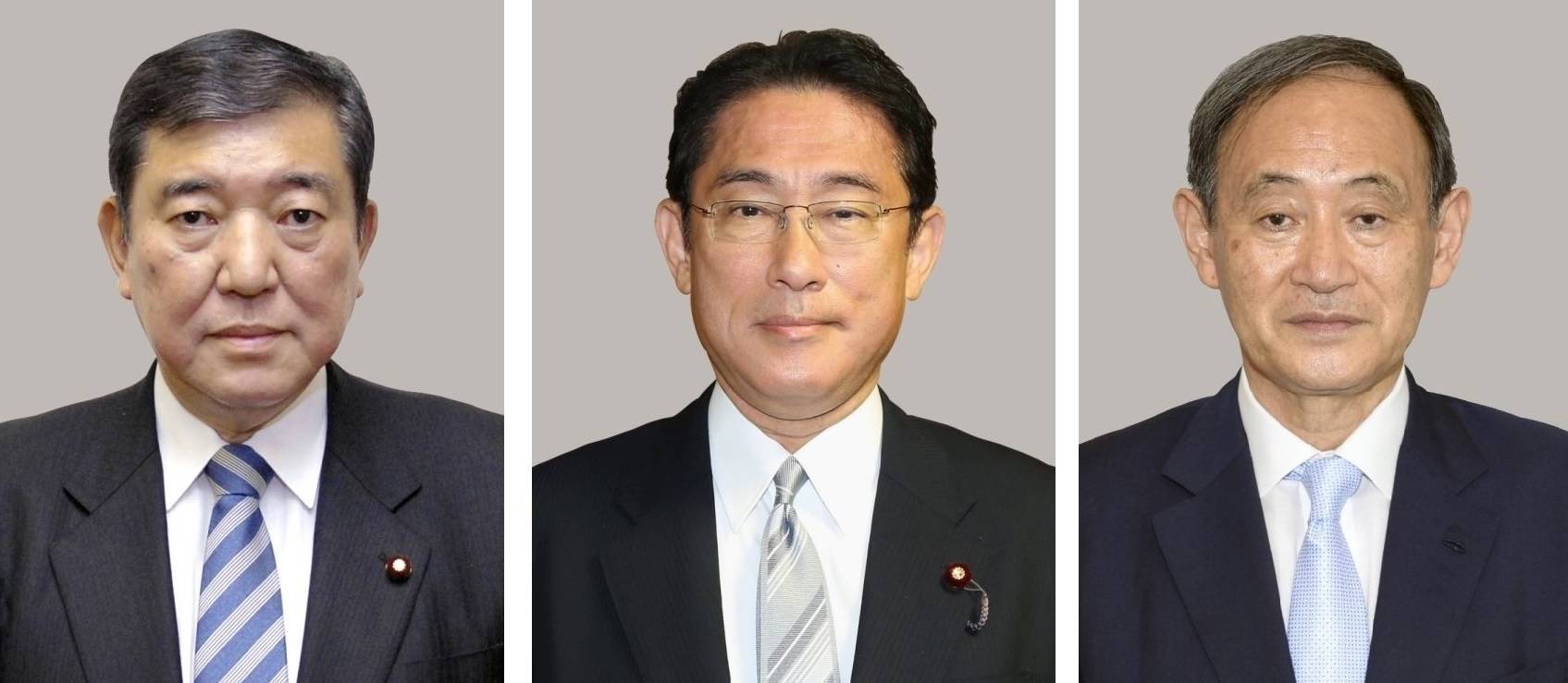 Shigeru Ishiba (left), former secretary-general of the Liberal Democratic Party, LDP policy chief Fumio Kishida (middle) and Chief Cabinet Secretary Yoshihide Suga. | KYODO