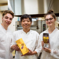 Culture-driven: (From left) Peko Peko Box\'s Charles Beny, Koichi Maehara of sweets maker Kunihiroya and Aline Schneider meet to discuss Kunihiroya\'s castella cake for Peko Peko Box. | LUKASZ PALKA