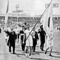 The uniform and spikes of sprinter Yahiko Mishima (center), Japan\'s flagbearer at the 1912 Stockholm Olympics, is among items of historical value in the collection of the Prince Chichibu Memorial Sports Museum and Library. | KYODO