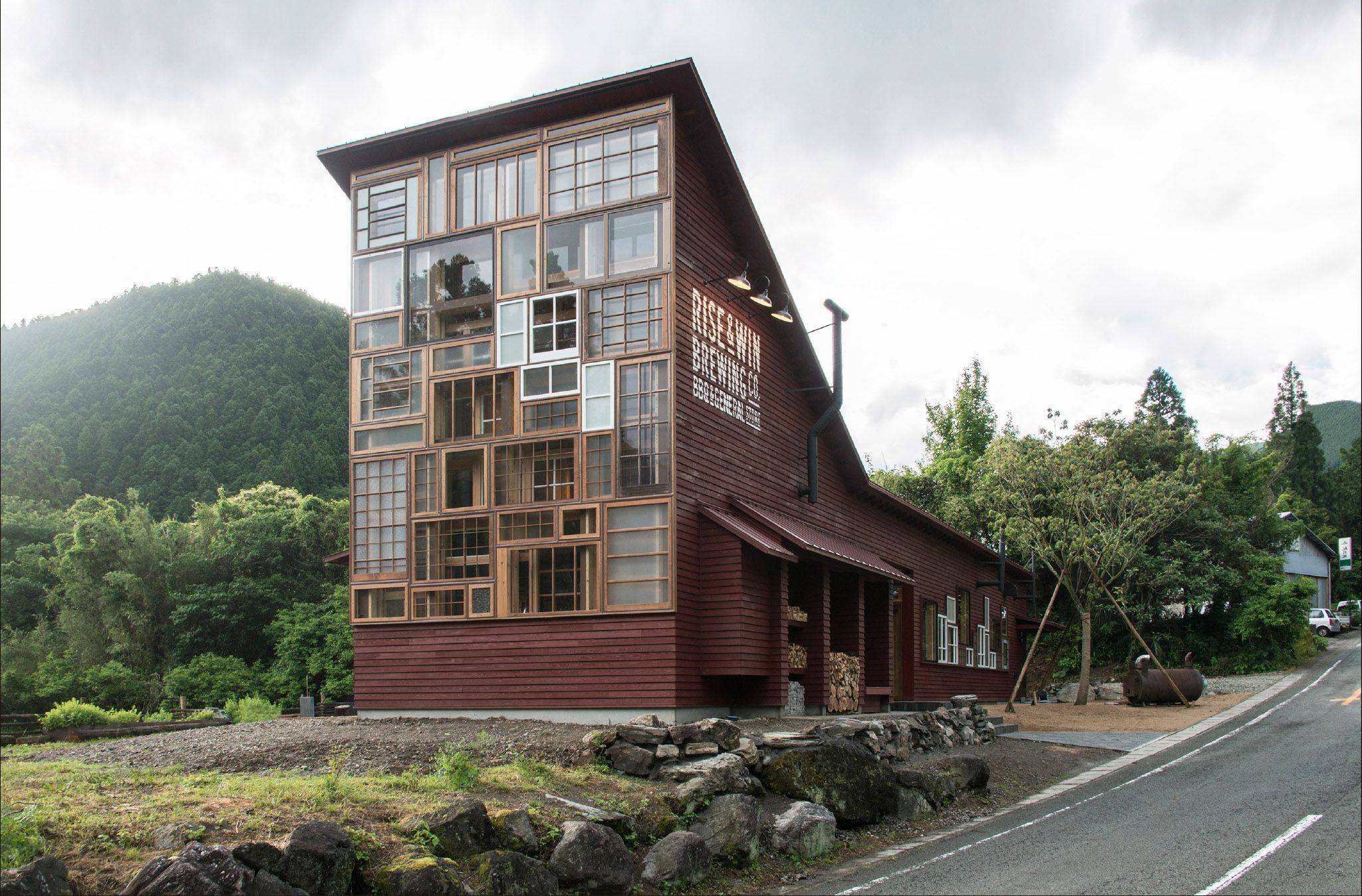 Sustainability in sight: The towering front wall of the Kamikatz brewery in Kamikatsu, Tokushima Prefecture, is made of repurposed windows.