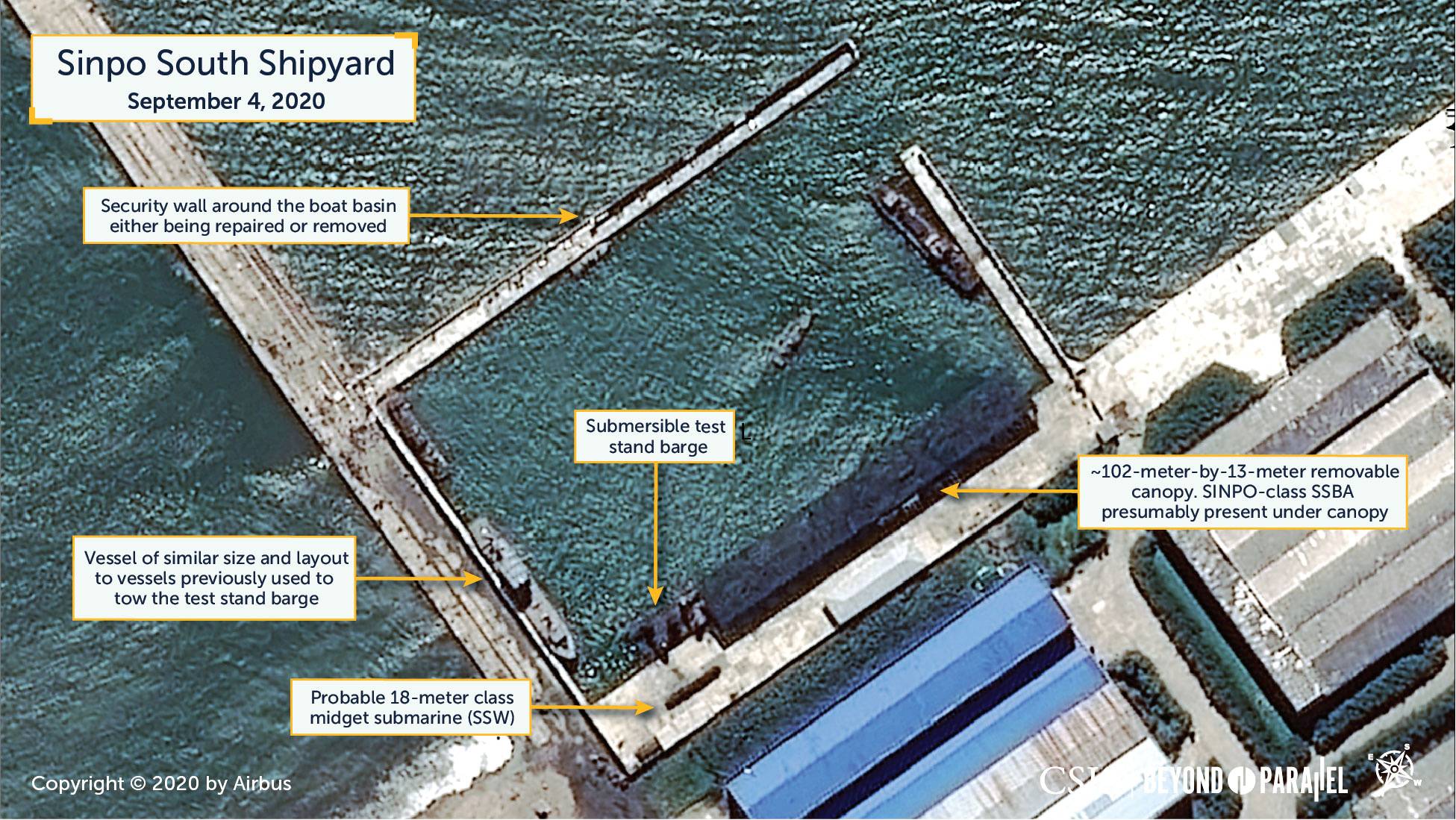An overview of the Sinpo South Shipyard in Sinpo, North Korea, is seen in a satellite picture taken Friday. | CSIS / BEYOND PARALLEL / AIRBUS 2020 / VIA REUTERS 
