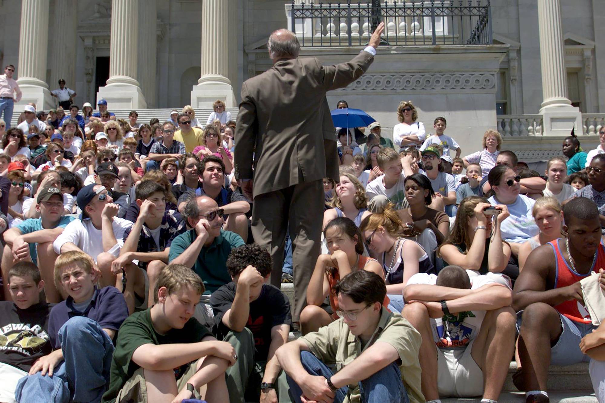 Joe Biden gives a speech about nuclear warfare and Chinese espionage to a group of high school students on the steps of the Capitol in Washington in 1999. | Stephen Crowley / The New York Times