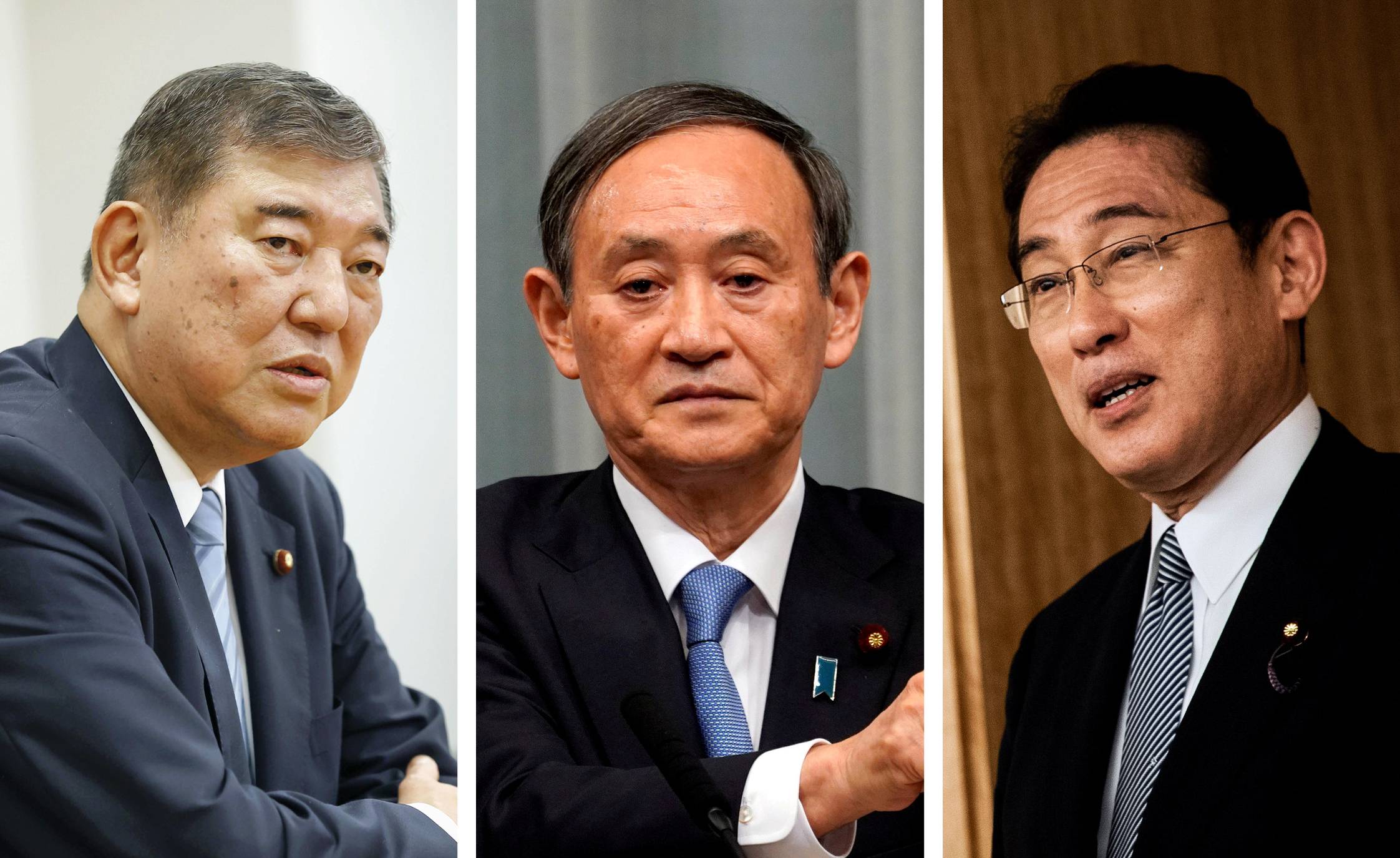 Chief Cabinet Secretary Yoshihide Suga (center) is widely predicted to be a shoo-in for the LDP presidential election, but party policy chief Fumio Kishida (right) and former defense minister Shigeru Ishiba (left) are also in the running. | KYODO, REUTERS, AFP-JIJI