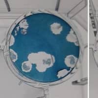 A combination of photos shows a comparison of two solutions containing the novel coronavirus. The one on the right, which was exposed to ions from a Plasmacluster device, has a larger blue area, meaning the infectious titer has been reduced. | COURTESY OF SHARP
