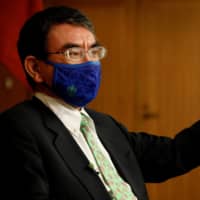Defense Minister Taro Kono speaks during an interview in Tokyo on Sept. 3. Kono on Monday unveiled protocol for the Self-Defense Forces to follow for dealing with unidentified aerial objects that could pose a threat to Japan’s security. | REUTERS
