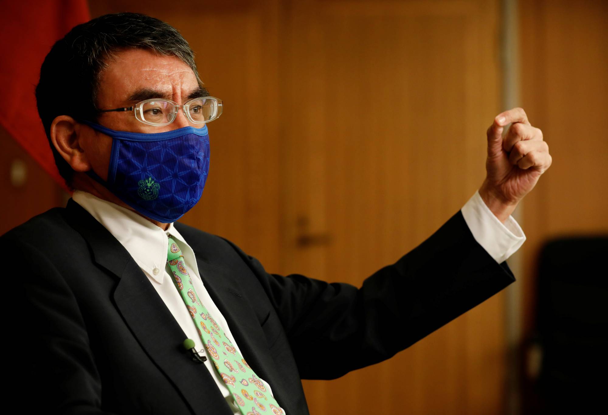 Defense Minister Taro Kono speaks during an interview in Tokyo on Sept. 3. Kono on Monday unveiled protocol for the Self-Defense Forces to follow for dealing with unidentified aerial objects that could pose a threat to Japan’s security. | REUTERS