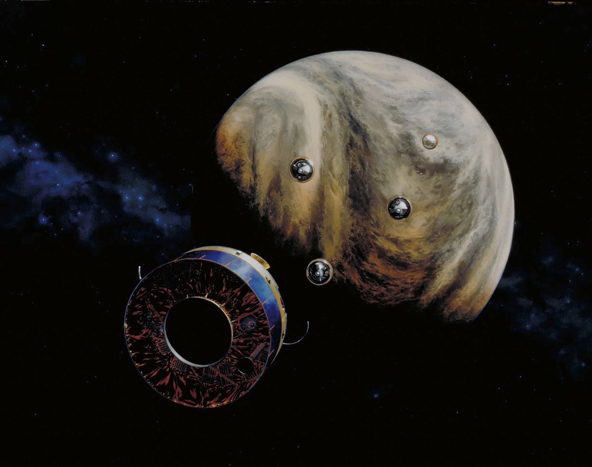 An artist's rendering shows NASA's Pioneer Venus 2 spacecraft and four atmospheric probes, for a 1978 mission to learn more about the planet's atmosphere. | PAUL HUDSON / NASA / VIA THE NEW YORK TIMES