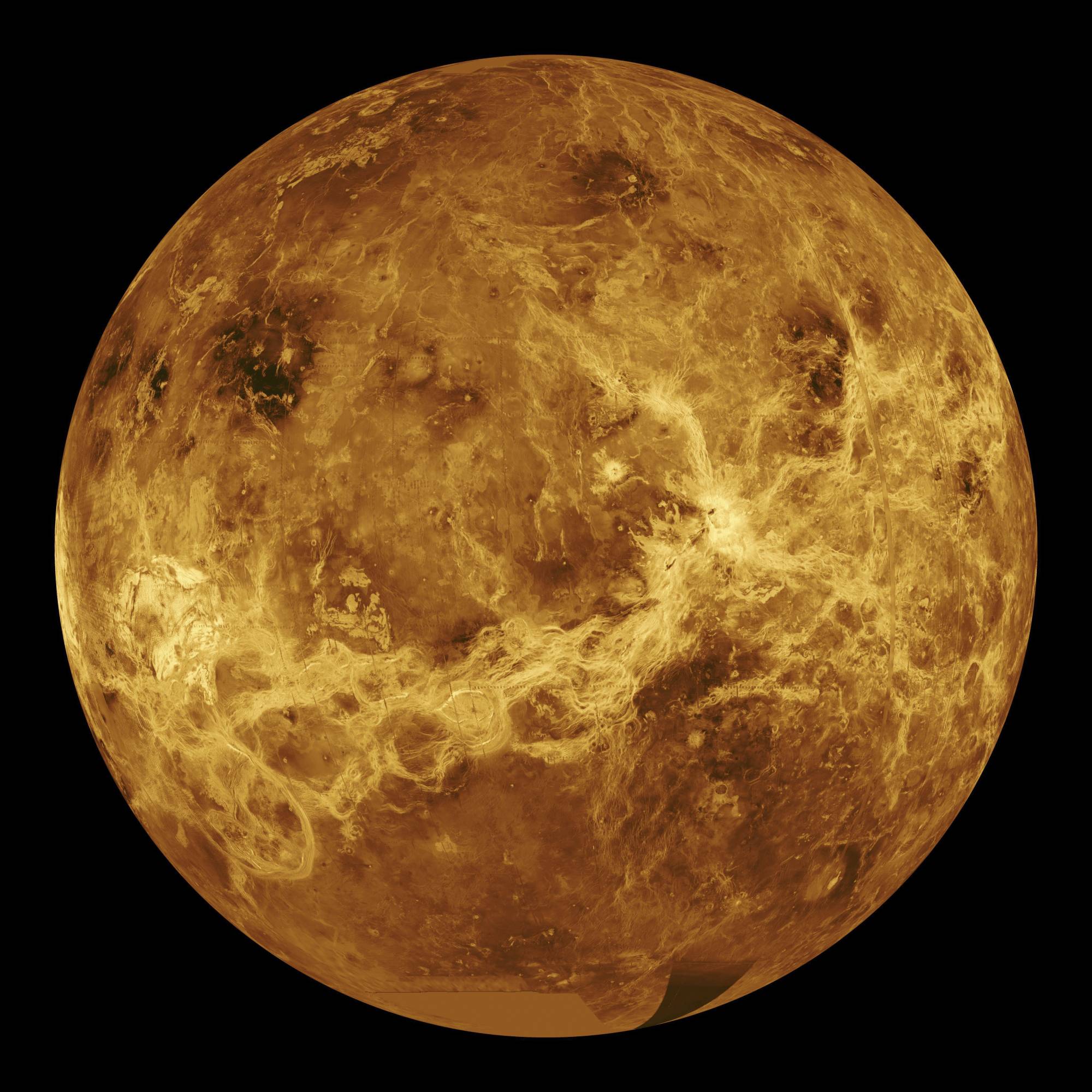 A global view of the surface of Venus made mostly from data captured by the Magellan spacecraft in 1991. | NASA / JPL / VIA THE NEW YORK TIMES