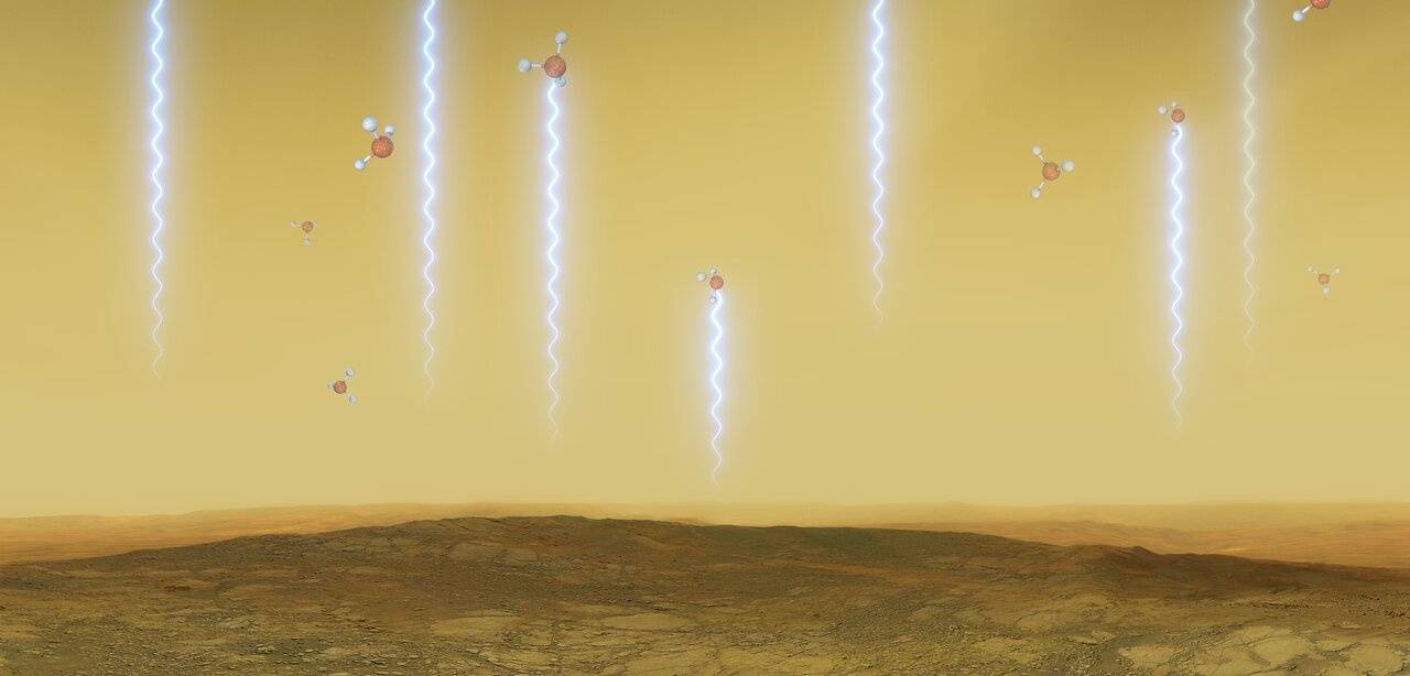 An illustration depicts the Venusian surface and atmosphere, as well as phosphine molecules. | ESO / M. KORNMESSER / L. CALCADA / VIA REUTERS