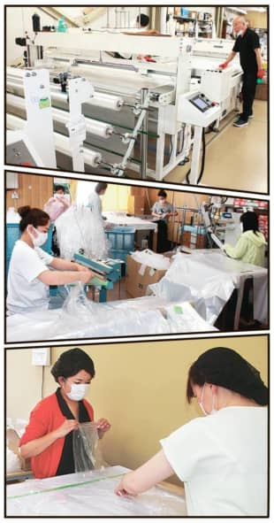 Top: A device made by Toyota Motor Corp. officials for Funahashi Co. in Nagoya to stretch four rolls of polyethylene sheets at once to produce protective gowns. Middle: The layout of a Funahashi factory in Nagoya that has been arranged to minimize the movement of people and goods. Bottom: Funahashi employees work together to fold protective gowns to increase efficiency. | CHUNICHI SHIMBUN 