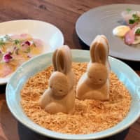 Bite-sized bunnies: Also on chef Shinsuke Ishii’s menu at Sincere Blue are his trademark rabbit-shaped monaka (wafer sandwiches) stuffed with foie gras and fig. | ROBBIE SWINNERTON