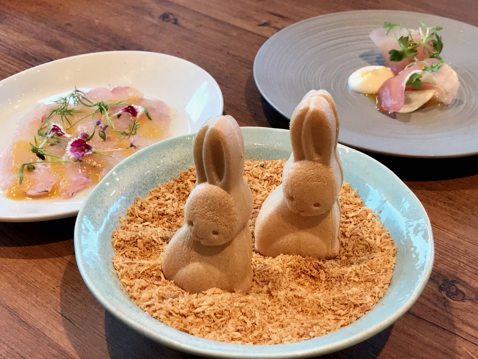 Bite-sized bunnies: Also on chef Shinsuke Ishii’s menu at Sincere Blue are his trademark rabbit-shaped monaka (wafer sandwiches) stuffed with foie gras and fig. | Robbie Swinnerton