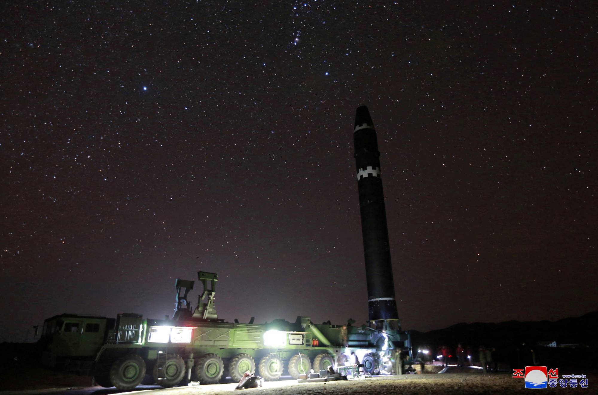 North Korea's Hwasong-15 intercontinental ballistic missile is positioned before a successful test launch in this photo released Nov. 30, 2017. | KCNA / VIA REUTERS