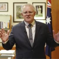 Prime Minister Scott Morrison makes a public speech in Canberra, Australia, on Sept. 9. | PRIME MINISTER SCOTT MORRISON\'S OFFICE / VIA AP