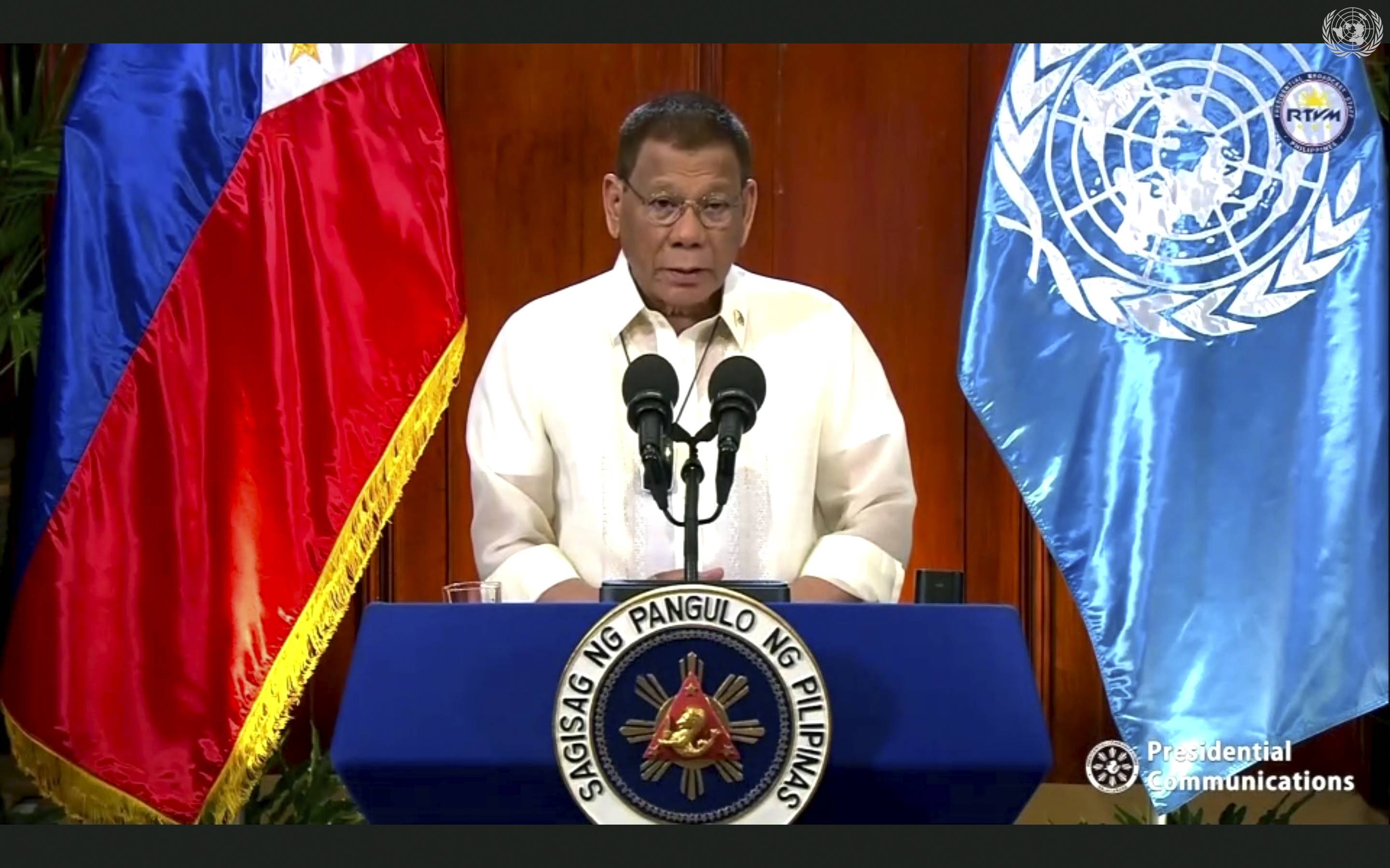 Philippine President Rodrigo Roa Duterte speaks in a recorded message played during the 75th session of the United Nations General Assembly on Tuesday. | UNTV / VIA AP