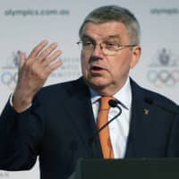 IOC President Thomas Bach speaks at the Australian Olympic Committee annual general meeting in Sydney on May 4, 2019. | AP