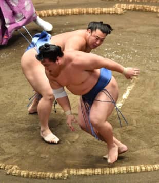 Tobizaru (rear) and Wakatakakage battle on Day 12 of the Autumn Basho at Ryogoku Kokugikan. | NIKKAN SPORTS