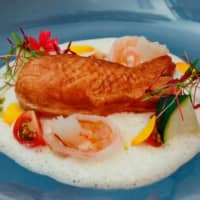 Sustainable sourcing: Sincere Blue’s main dish — a fish-shaped savory waffle stuffed with sea bass — uses seafood sourced from purveyors working with scientists and nongovernmental organizations to improve fishing practices. | SINCERE BLUE
