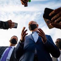 Democratic presidential candidate Joe Biden speaks with the press before departing Charlotte, North Carolina, last Wednesday.  | AFP-JIJI