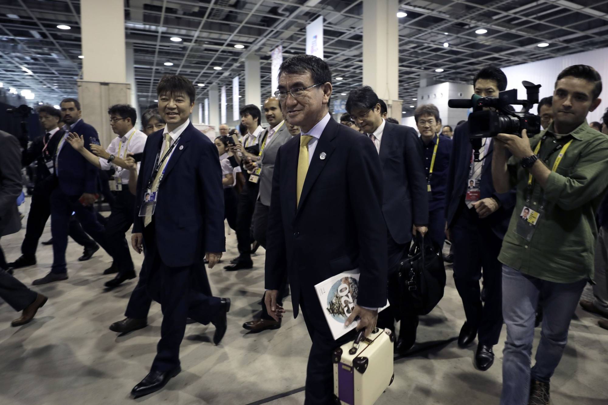 Taro Kono, then the foreign minister, at the International Media Center for the Group of 20 summit in Osaka in 2019. Kono has made no secret of his desire to eventually become prime minister.  | BLOOMBERG 