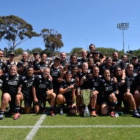 New Zealand players pose with the winners\' trophy after defeating England during the Rugby Super Series final round in San Diego on Jul. 14, 2019. | USA TODAY / VIA REUTERS