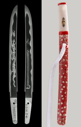Left: Blade with so-shu forging pattern and dragon; Right: sharkskin scabbard with red lacquer