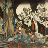 Utagawa Kuniyoshi\'s \"Haunted Old Palace at Soma\" (ca. 1845-46), in which a sorceress draws forth a giant skeleton to attack a warrior. | PRIVATE COLLECTION