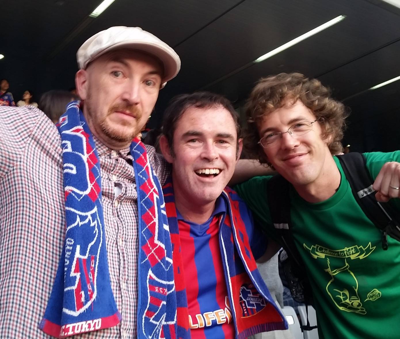 Ben Maxwell (center) poses with 'J-Talk' guests Graham Mackenzie (left) and Richy Palmer at a May 2015 J. League game. | COURTESY OF BEN MAXWELL