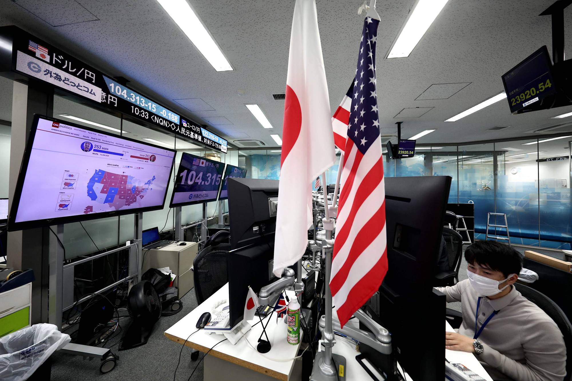 Foreign exchange traders work as a TV screen shows news updates on the U.S. presidential election in Tokyo on Thursday. | AFP-JIJI