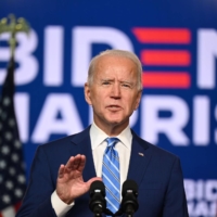 Democratic Presidential candidate Joe Biden speaks at the Chase Center in Wilmington, Delaware, on Wednesday. | AFP-JIJI