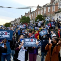 Supporters cheer as Democratic presidential candidate Joe Biden speaks in Philadelphia on Tuesday.  | AFP-JIJI