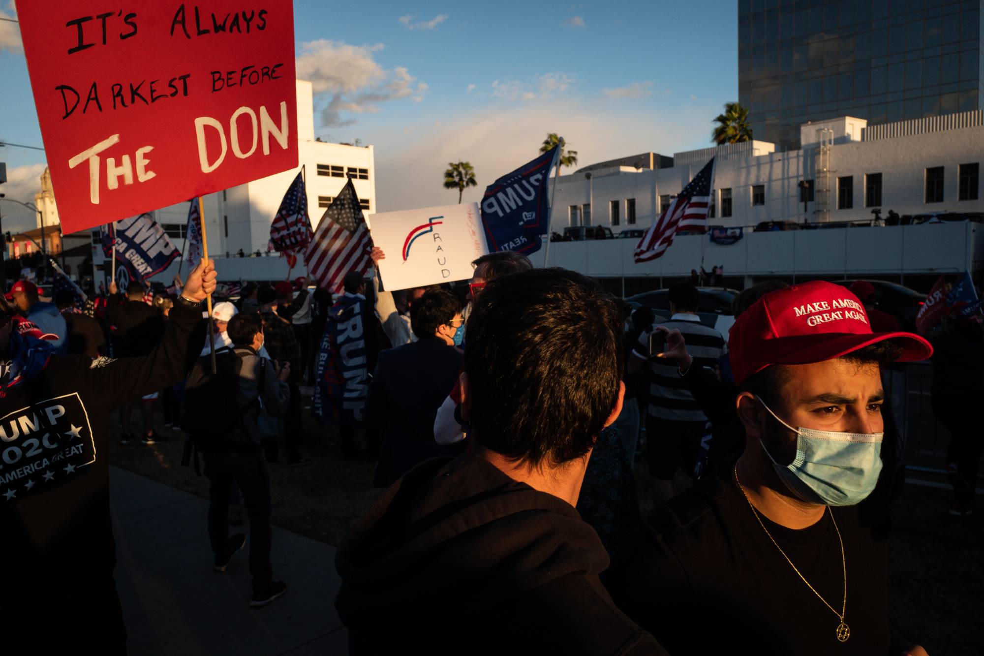 Supporters of President Donald Trump gather in Beverly Hills, California, on Saturday to protest the results of the presidential election. | Ryan Christopher Jones / The New York Times