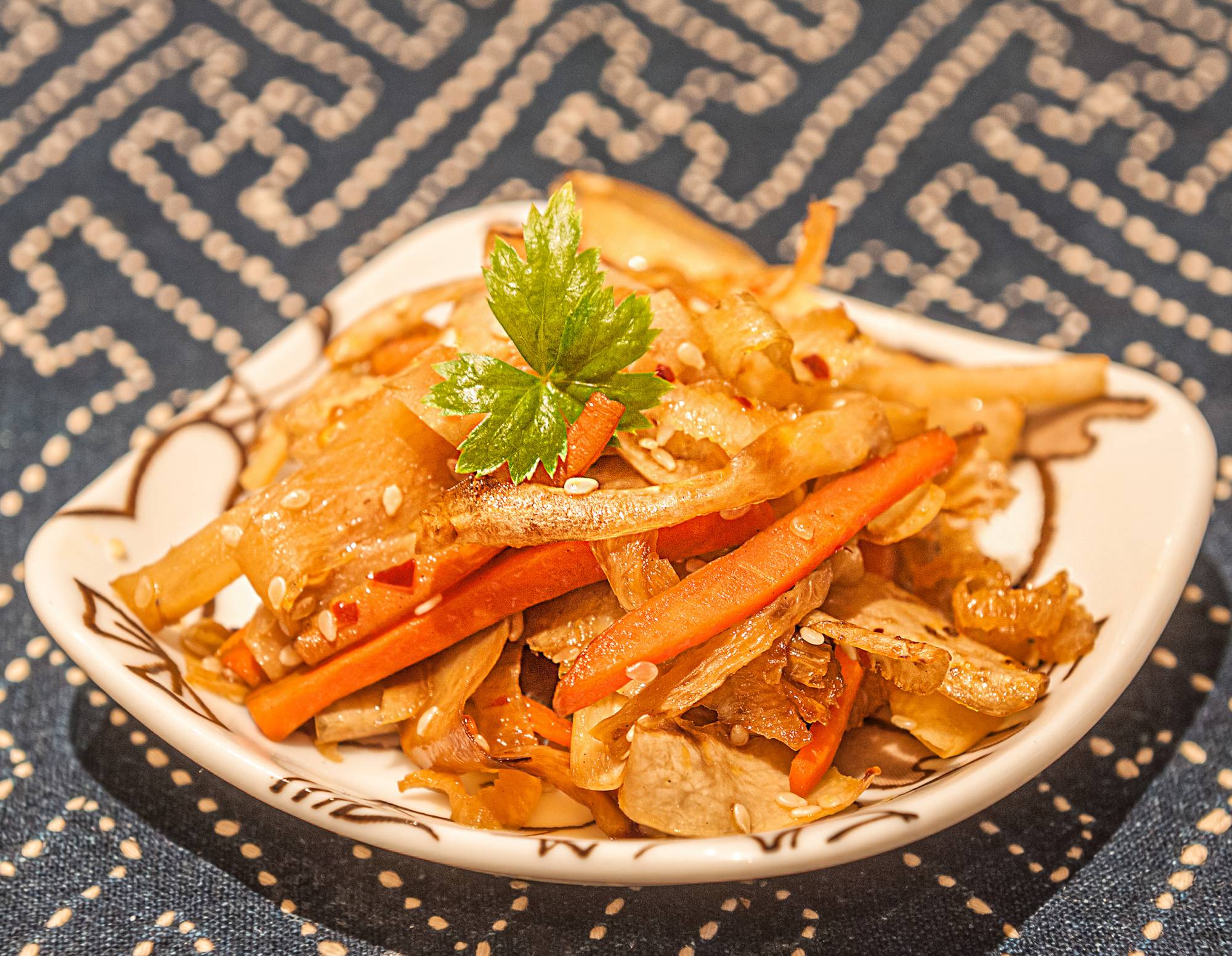 Spicy starter: Crunchy kinpira stir-fry is the perfect accompaniment for your alcohol of choice. | Makiko Itoh 