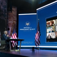 U.S. President-elect Joe Biden receives a briefing on national security via videoconference on Tuesday at The Queen theater in Wilmington, Delaware. | RUTH FREMSON/THE NEW YORK TIMES