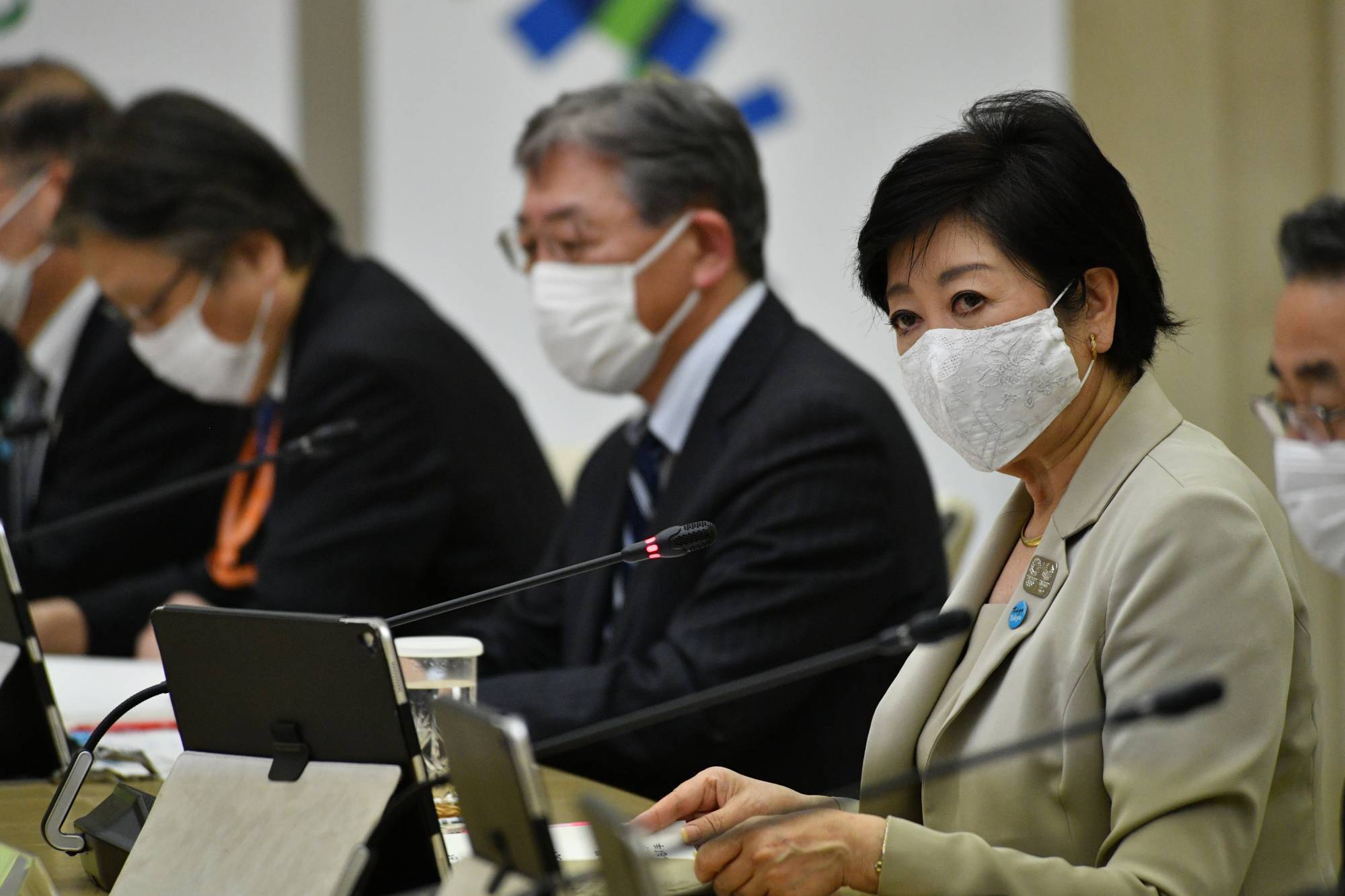 Tokyo Gov. Yuriko Koike attends a coronavirus meeting Thursday at the Tokyo Metropolitan Government. | RYUSEI TAKAHASHI