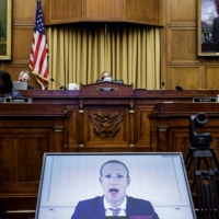 Mark Zuckerberg speaks via video conference during a hearing of the House Judiciary Subcommittee on Antitrust, Commercial and Administrative Law on \"Online Platforms and Market Power\" in Washington on July 29. | REUTERS
