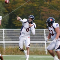 Rise quarterback Kurt Palandech throws in his X League debut against Kobe on Nov. 8. | COURTESY OF KOHEI SAEKI / NOJIMA SAGAMIHARA RISE